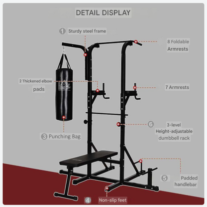 Multifunctioneel Trainingsstation – Pull-Up Bar – Dip Station – Fitnessapparaat – Thuisgym – Inclusief Punching Bag – Versterkt Staal – Compact 180x183x219 cm