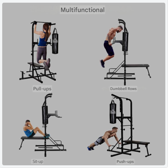 Multifunctioneel Trainingsstation – Pull-Up Bar – Dip Station – Fitnessapparaat – Thuisgym – Inclusief Punching Bag – Versterkt Staal – Compact 180x183x219 cm
