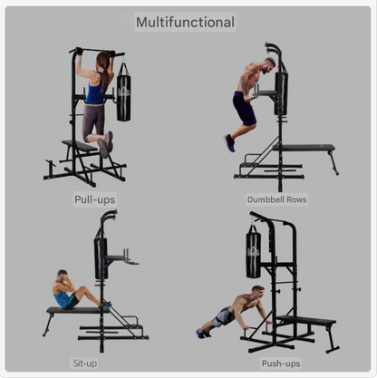 Multifunctioneel Trainingsstation – Pull-Up Bar – Dip Station – Fitnessapparaat – Thuisgym – Inclusief Punching Bag – Versterkt Staal – Compact 180x183x219 cm