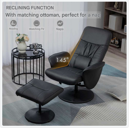 Fauteuil – Relaxstoel – Leunstoel – Zithoekstoel – Loungefauteuil – Verstelbare Rugleuning Tot 145° – Zwart Kunstleer Met Voetbank