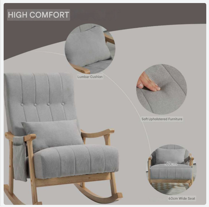 Schommelstoel – Rocking Chair – Schommelstoel Met Kussen – Relaxstoel – Lounge Stoel – Zacht Gevoerd – Beukenhouten Frame – Zijvak Opbergruimte – Stil Schommelen