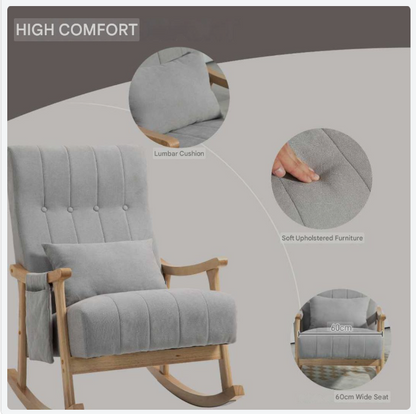 Schommelstoel – Rocking Chair – Schommelstoel Met Kussen – Relaxstoel – Lounge Stoel – Zacht Gevoerd – Beukenhouten Frame – Zijvak Opbergruimte – Stil Schommelen
