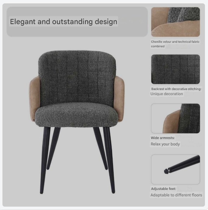 Eetkamerstoel – Stoel – Armstoel – Veloursstoel – Keukenstoel – Grijs Velours – Memory Foam Zitting – Verstelbare Voorpoten
