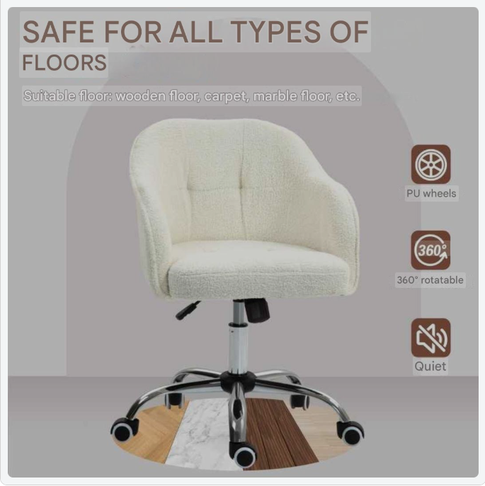 Bureaustoel – Kantoorstoel – Draaistoel – Werkstoel – Studiebureaustoel – Ergonomisch Design – Zachte Teddy Bekleding – Crème Wit
