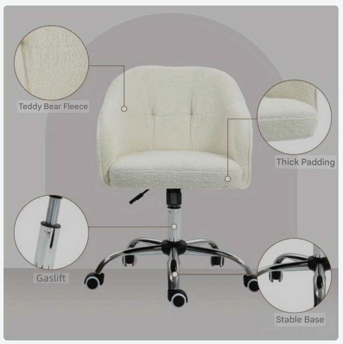 Bureaustoel – Kantoorstoel – Draaistoel – Werkstoel – Studiebureaustoel – Ergonomisch Design – Zachte Teddy Bekleding – Crème Wit