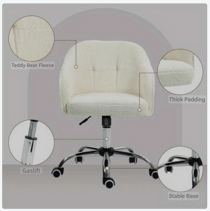 Bureaustoel – Kantoorstoel – Draaistoel – Werkstoel – Studiebureaustoel – Ergonomisch Design – Zachte Teddy Bekleding – Crème Wit