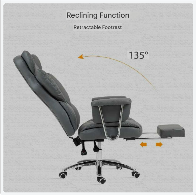 Bureaustoel – Office Chair – Kantoorstoel – Draaistoel – Werkstoel – Ergonomisch Design – Verstelbare Rugleuning & Voetsteun – Donkergrijs