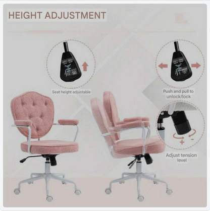 Bureaustoel – Kantoorstoel – Draaistoel – Gamestoel – Bureaukruk – Ergonomisch Ontwerp – Verstelbare Hoogte – Teddy Fleece Bekleding – Handmatige Kantelfunctie – Roze