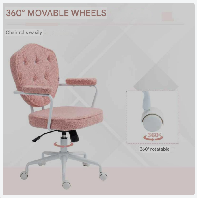 Bureaustoel – Kantoorstoel – Draaistoel – Gamestoel – Bureaukruk – Ergonomisch Ontwerp – Verstelbare Hoogte – Teddy Fleece Bekleding – Handmatige Kantelfunctie – Roze