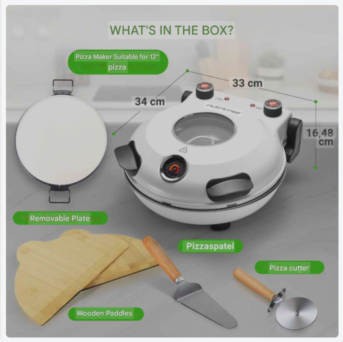Pizzaoven – Elektrische Oven – Pizzamaker – Pizza Bakoven – Compacte Mini Oven – Tot 425°C Temperatuur – 1200 Watt Vermogen – Zwart