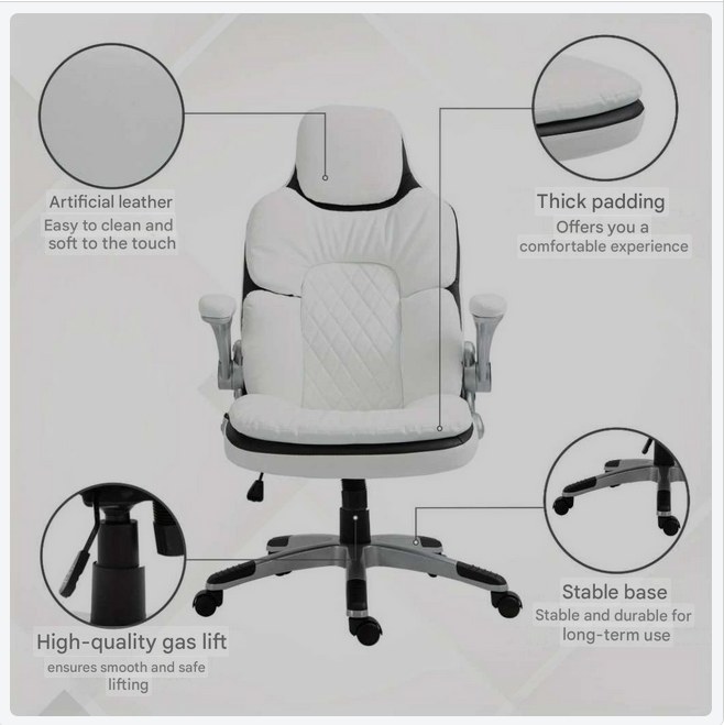 Ergonomische Bureaustoel – Kantoorstoel – Werkstoel – Thuiswerkstoel – Bureaustoel Met Witte PU Bekleding – Verstelbare Zithoogte – Inklapbare Armleuningen Met Schommelfunctie