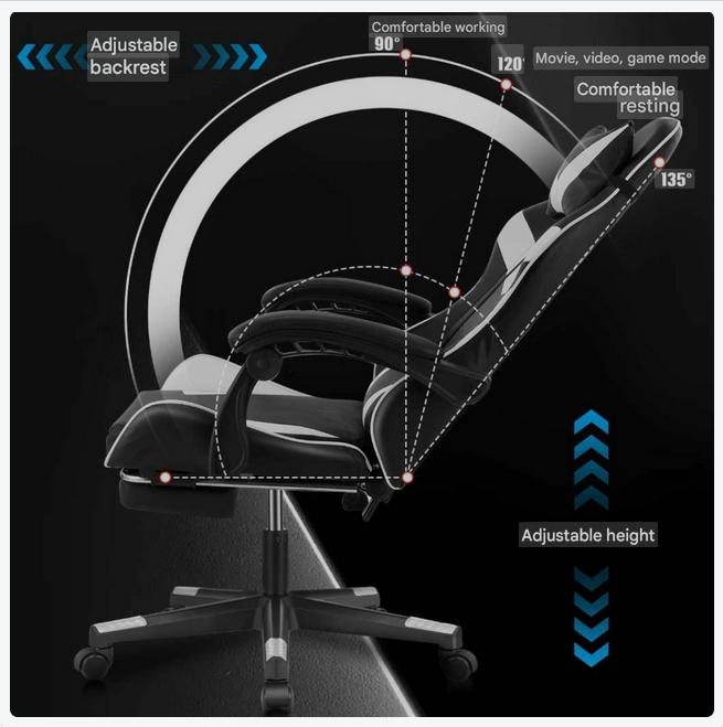 Gamingstoel – Gamestoel – Gaming Chair – Game Stoel – Bureaustoel – Ergonomisch – Verstelbare Rugleuning – Hoogwaardig PU-leer – Met Metaal Frame – Zwart/Wit