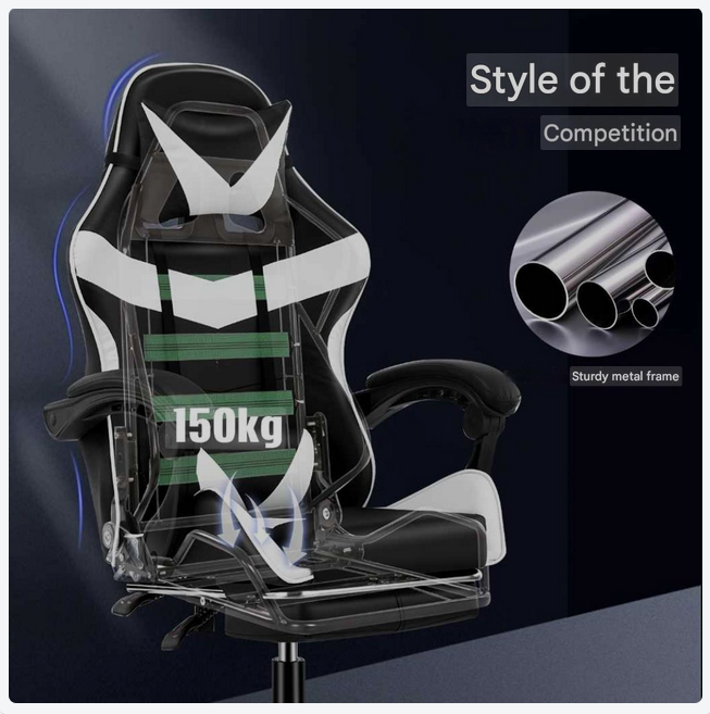 Gamingstoel – Gamestoel – Gaming Chair – Game Stoel – Bureaustoel – Ergonomisch – Verstelbare Rugleuning – Hoogwaardig PU-leer – Met Metaal Frame – Zwart/Wit