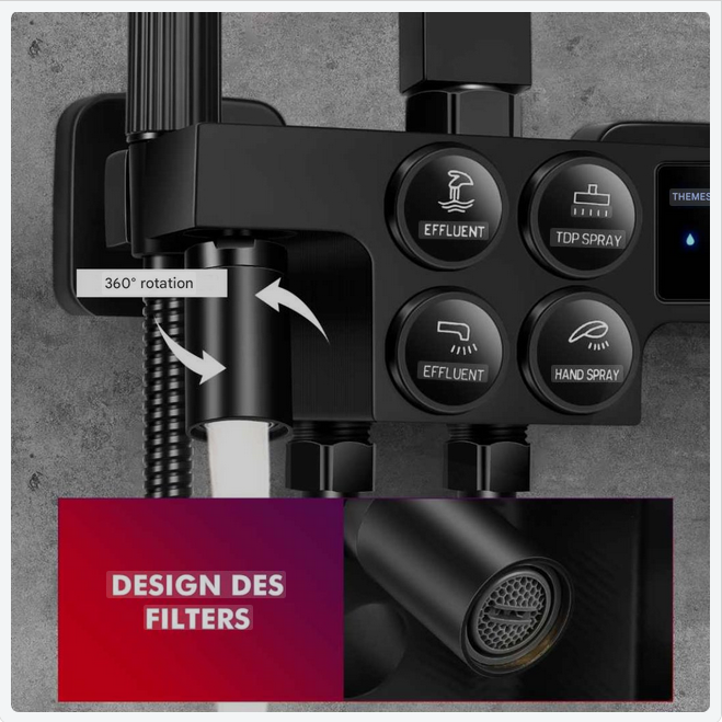 Thermostatische Douche – Doucheset – Regendouche – Handdouche – Bidet Douche – Mat Zwart Design – Waterkracht Aangedreven Display – Verstelbare Hoogte & Luchtverrijkte Waterstraal