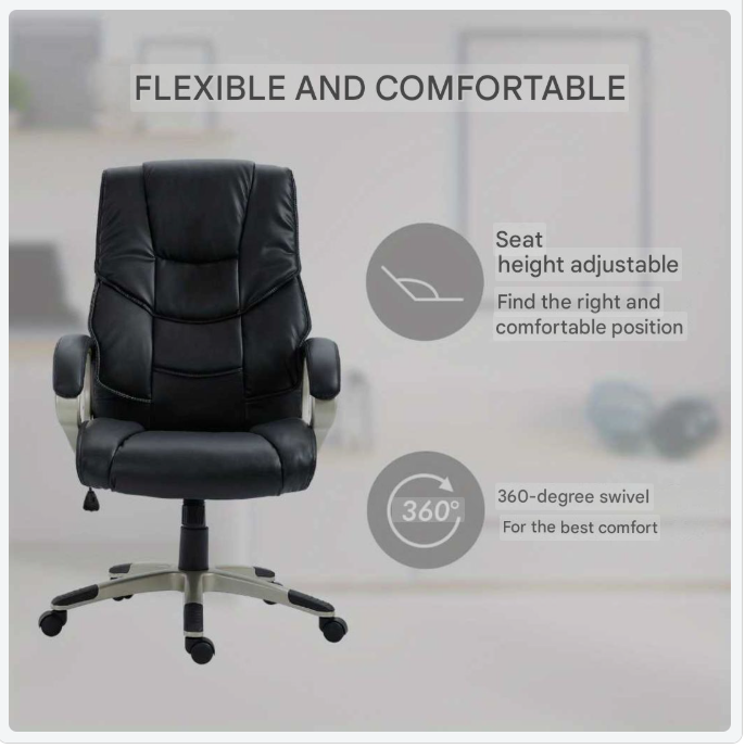 Bureaustoel – Ergonomische Stoel – Office Chair – Gamestoel – Bureaustoelen – Verstelbare Hoogte 45-54 cm – 360° Draaibaar & Schommelfunctie – Zwart Kunstleer Met Houten Frame – Dikke Foamvulling & Vijf Wieltjes