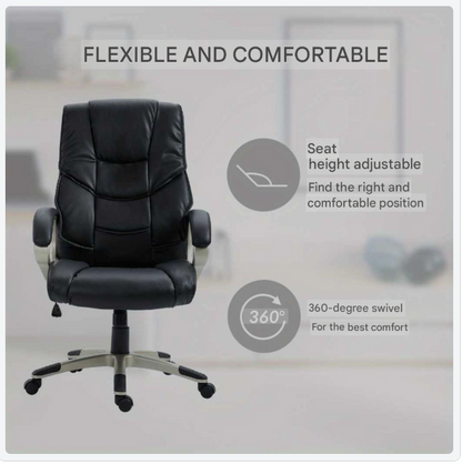 Bureaustoel – Ergonomische Stoel – Office Chair – Gamestoel – Bureaustoelen – Verstelbare Hoogte 45-54 cm – 360° Draaibaar & Schommelfunctie – Zwart Kunstleer Met Houten Frame – Dikke Foamvulling & Vijf Wieltjes