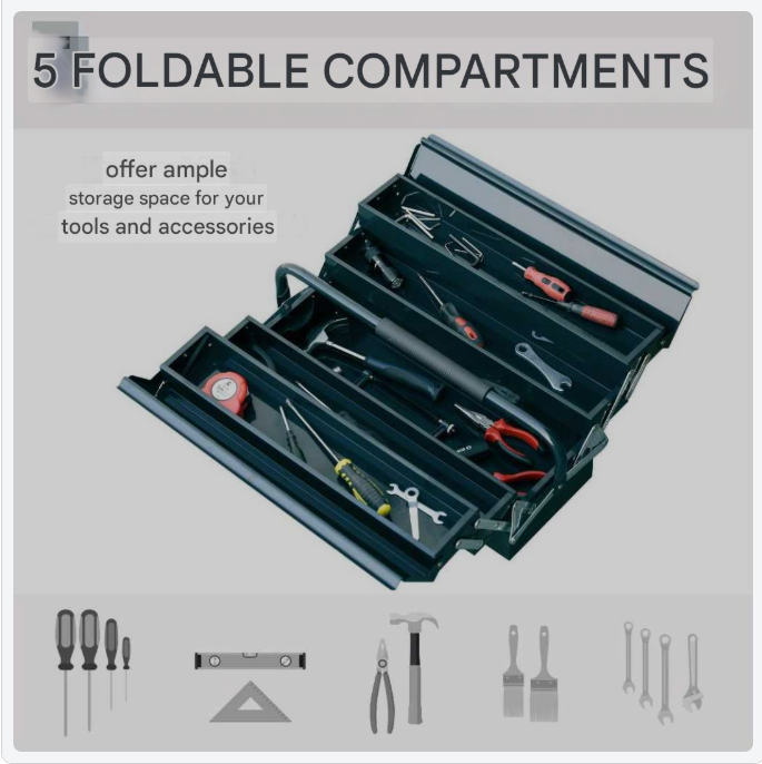 Gereedschapskist – Gereedschapskoffer – Opbergkist – Toolbox – Opbergtas – Stalen Behuizing – 5 Inklapbare Compartimenten – Donkergroen – 45 x 22,5 x 34,5 cm