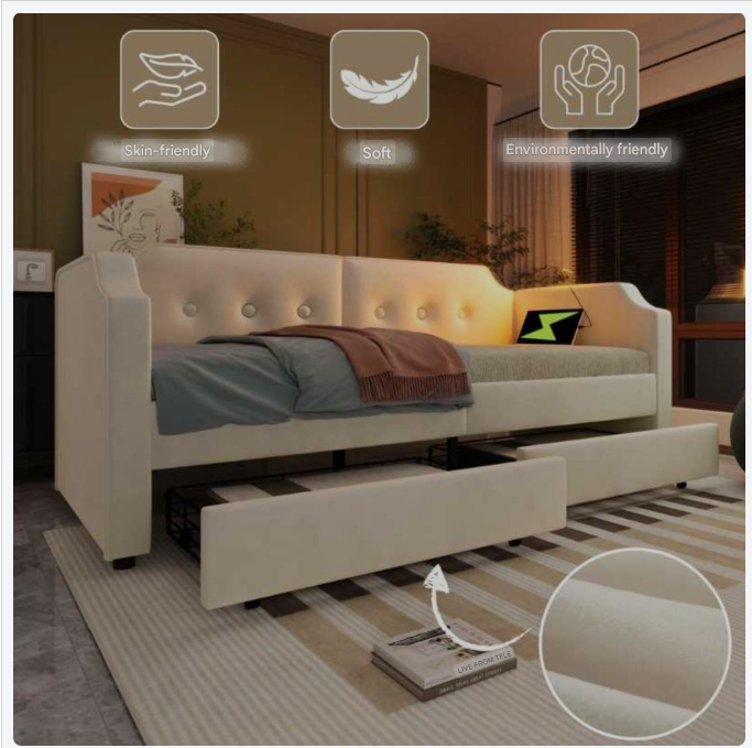 Bedbank – Slaapbank – Sofa Bed – Logeerbed – Zetelbed – 90x200 cm – Ingebouwde Leeslamp – 2 Opbergladen