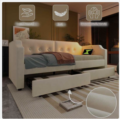 Bedbank – Slaapbank – Sofa Bed – Logeerbed – Zetelbed – 90x200 cm – Ingebouwde Leeslamp – 2 Opbergladen