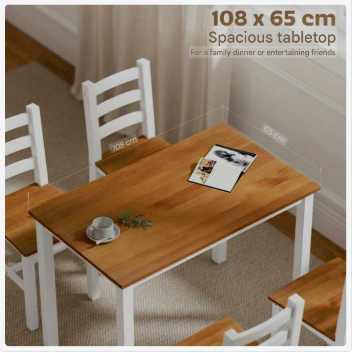Eettafelset – Dinerset – Houten Tafel Set – Eetkamerset – Massief Hout – Stevig Massief Dennenhout – Modern Bruin-Witte Afwerking