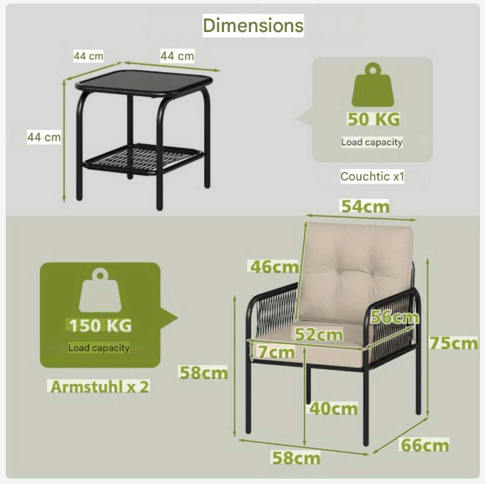 Bistroset – Balkonset – Tuinmeubel – Tuintafel Set – Buitenmeubels – PE Rattan – Tempered Glas Tafel – Comfortabele Kussens