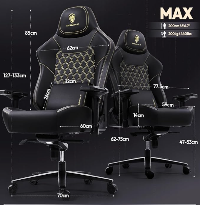 Gamingstoel – Bureaustoel – Gamestoel – Werkstoel – Ergonomische Stoel – Zwaar Belastbaar tot 200 kg – Verstelbare 4D Armleuningen – Schommelfunctie – Zwart - QUORE