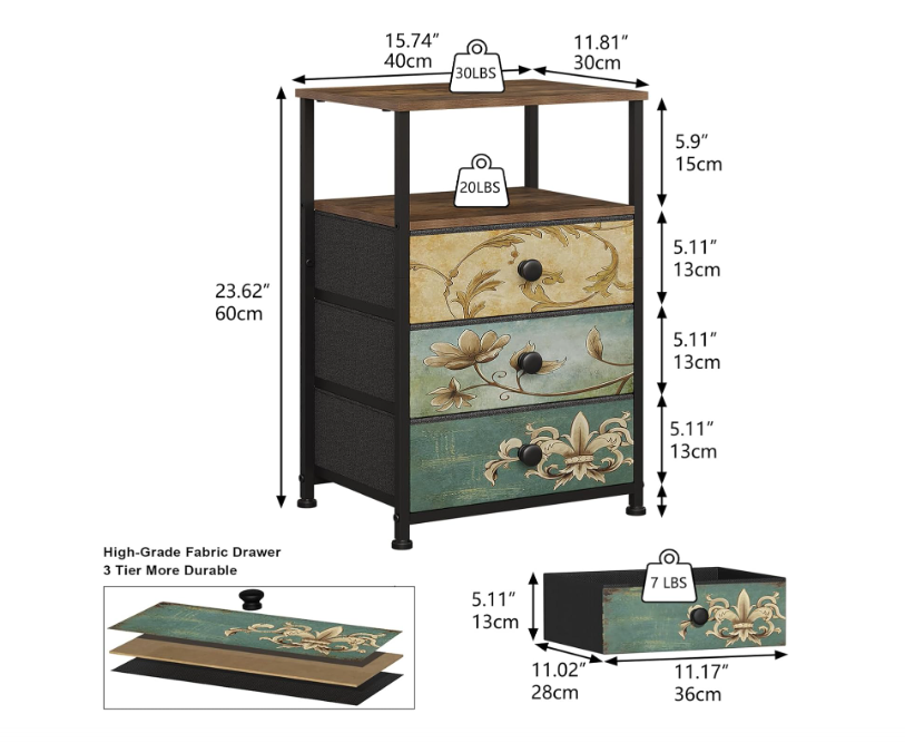 Ladekast – Commode – Opbergkast – Nachtkastje – Dressoir – Set van 2 met 3 lades en open plank – Stevuur Stalen Frame – Bohemian Vintage Design - QUORE