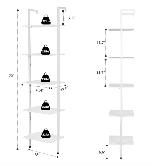 Ladderkast – Boekenkast – Opbergkast – Wandrek – Plankenkast – Wit – 5 Lagen – Hout Met Metaal – Ruimtebesparend – Stevig & Duurzaam - QUORE