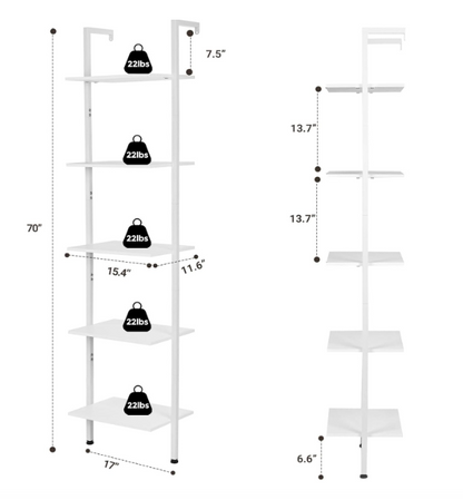 Ladderkast – Boekenkast – Opbergkast – Wandrek – Plankenkast – Wit – 5 Lagen – Hout Met Metaal – Ruimtebesparend – Stevig & Duurzaam - QUORE