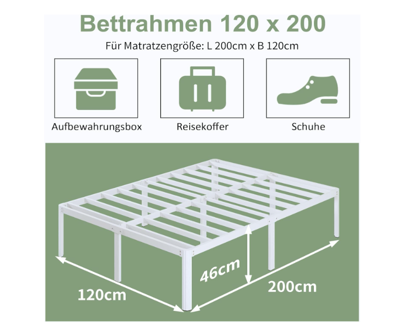 Metalen Bed 150x200 cm – Bedframe – Ledikant – Slaapkamermeubel – Stalen Frame – Wit – Metalen Lattenbodem – 46 cm Hoog – Ruimtebesparend – Geluidsvrij
