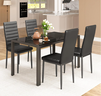 Eettafelset – Eettafel – Tafel met Stoelen – Eetkamerset – Zwart Eettafelmeubel – 7-Delig – Gehard Glazen Blad – Comfortabele Stoelen