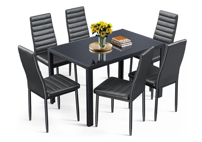 Eettafelset – Tafel En Stoelen – Dinerset – Eetkamerset – Zwarte 7-Delige Set – Gehard Glazen Tafelblad – Comfortabele Zachte Stoelen