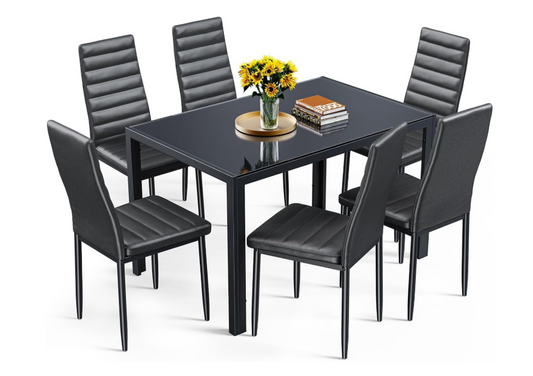 Eettafelset – Tafel En Stoelen – Dinerset – Eetkamerset – Zwarte 7-Delige Set – Gehard Glazen Tafelblad – Comfortabele Zachte Stoelen