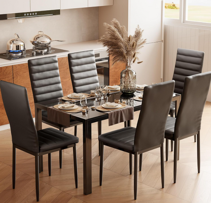 Eettafelset – Tafel En Stoelen – Dinerset – Eetkamerset – Zwarte 7-Delige Set – Gehard Glazen Tafelblad – Comfortabele Zachte Stoelen