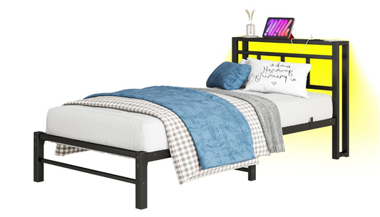 Bed 90 x 200 cm – Bedframe – Metalen Bed – Eenpersoonsbed – Stalen Bed – Met USB Opladen – RGB LED Verlichting – Opbergruimte Onderbed