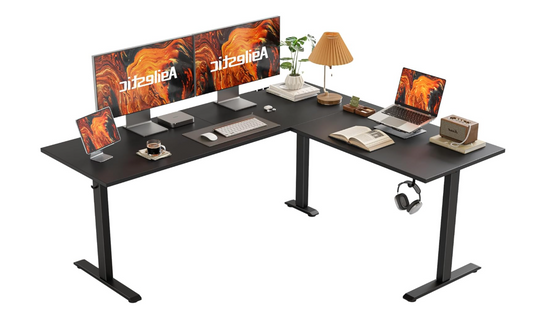 L-Vormig Zit-Sta Bureau – Verstelbaar Bureau – Hoogte Verstelbaar Bureau – Ergonomisch Bureau – Hoekbureau – 150 x 125 cm Werkblad – Stil Mechanisme met Anti-Bots Technologie