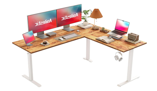 L-Vormig Bureau – Hoekbureau – Zit-Sta Bureau – Verstelbaar Bureau – Elektrisch Hoogte Verstelbaar – Lichtbruin – 160x140 CM – Anti-Bots Technologie – Industrieel Stalen Frame