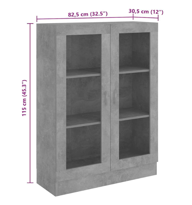 Displaykast – Boekenkast – Opbergkast – Vitrinekast – Kantoor Kast – Beton Grijs – 82,5x30,5x115 CM – Duurzaam Houtmateriaal – Met Glazen Deuren En Muurbeugel