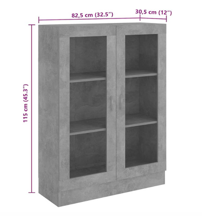 Displaykast – Boekenkast – Opbergkast – Vitrinekast – Kantoor Kast – Beton Grijs – 82,5x30,5x115 CM – Duurzaam Houtmateriaal – Met Glazen Deuren En Muurbeugel