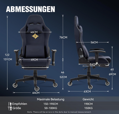 Gamingstoel – Bureaustoel – Werkstoel – Gamestoel – Massagestoel – Luxe Suède Bekleding – Verstelbare Rugleuning 90-165° – 150 kg Draagvermogen – Zwarte Variant - QUORE