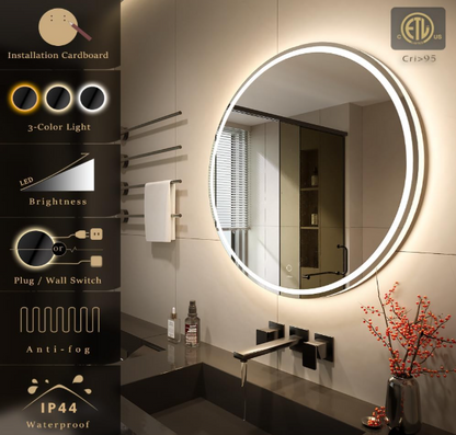 LED Badkamerspiegel – Badkamer Spiegel Rond – Make-Up Spiegel – Verlichte Spiegel – Touch Bediening – 90 x 90 cm – Verstelbare Kleurtemperatuur – Anti-Fog Functie - QUORE