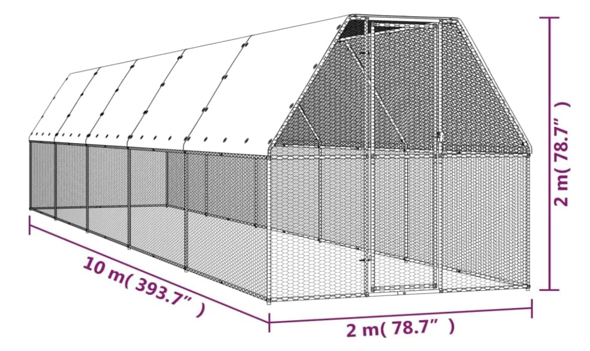 Buitenren Kippenren – Kippenhok – Kippenkooi – Buitenhok – Small Animal Run – Gegalvaniseerd Stalen Frame – Waterbestendig Dak 2x10x2 m