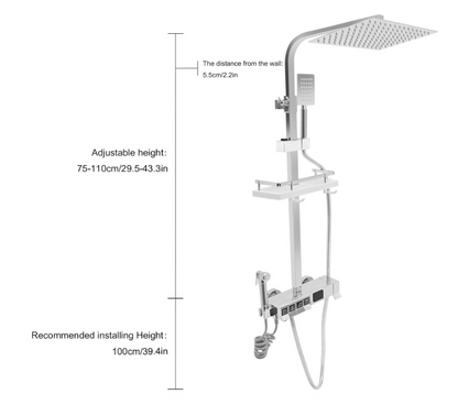 Digitale Thermostaat Douche – Douche Systeem – Regendouche – Handdouche – Hoge Druk Spuit – Opbergbasket – Roestvrij Staal – Instelbare Hoogte 75-110 cm