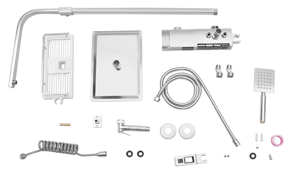 Digitale Thermostaat Douche – Douche Systeem – Regendouche – Handdouche – Hoge Druk Spuit – Opbergbasket – Roestvrij Staal – Instelbare Hoogte 75-110 cm