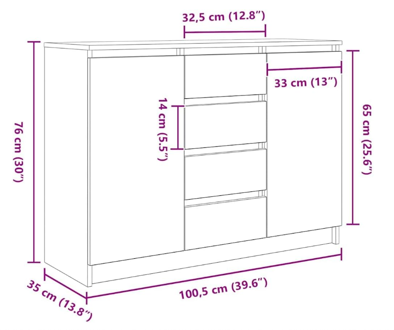 Dressoir – Opbergkast – Ladekast – Hal Kast – Buffetkast – Betongrijs – Compact 100,5x35x76 cm – Duurzaam Behandeld Hout