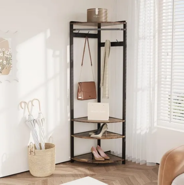 Hoekkapstok met Schoenenbank en 6 Haken - Multifunctioneel Kledingrek - Opbergruimte met Plank - Stabiel en Ruimtebesparend - Industrieel Modern - 50 x 50 x 181 cm - Bruin - QUORE