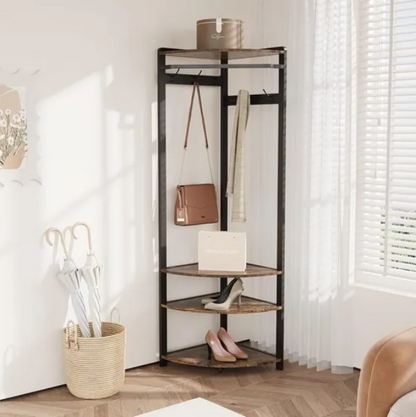 Hoekkapstok met Schoenenbank en 6 Haken - Multifunctioneel Kledingrek - Opbergruimte met Plank - Stabiel en Ruimtebesparend - Industrieel Modern - 50 x 50 x 181 cm - Bruin - QUORE