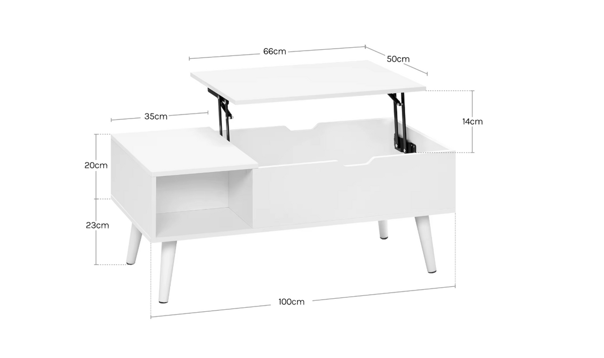 Adjustable Coffee Table - Folding Table with Storage - Modern Coffee Table - Wooden Table with Lifting Board - 100x50x43 cm - White