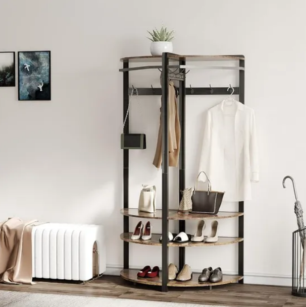 Hoekkapstok met Schoenenbank en 6 Haken - Multifunctioneel Kledingrek - Opbergruimte met Plank - Stabiel en Ruimtebesparend - Industrieel Modern - 50 x 50 x 181 cm - Bruin - QUORE