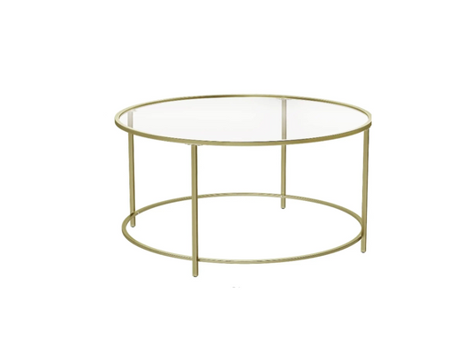 Ronde Salontafel - Glazen Tafelblad met Gouden IJzeren Frame - Robuuste Koffietafel - Modern Retro Design - Woonkamer Accessoire - Goud - QUORE